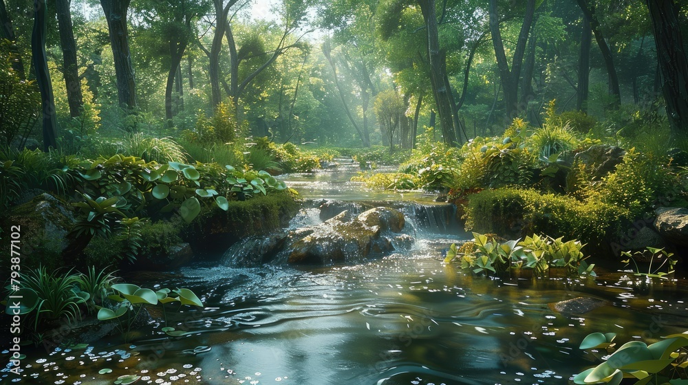 Obraz premium A lush wooded area with a flowing stream and various types of vegetation like. Generative AI.