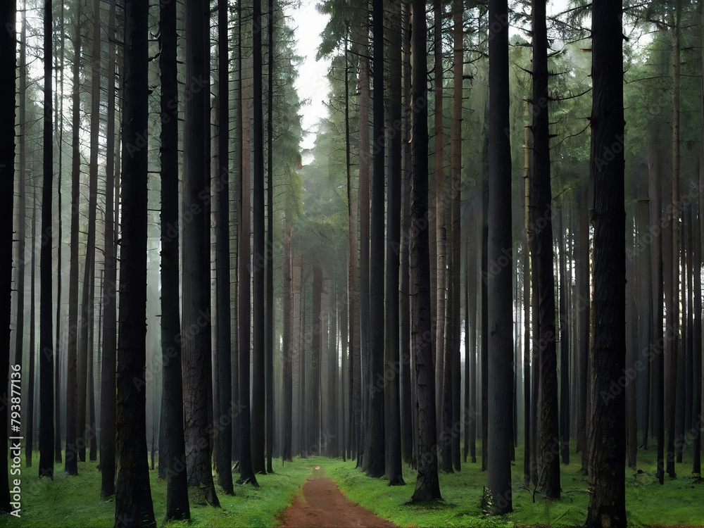 Fototapeta premium Long trees in the forest , evening view