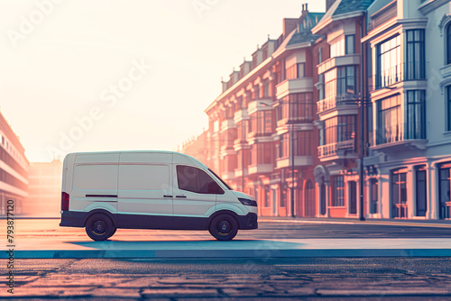Side view of sustainable electric van standing  on the empty street. © graja