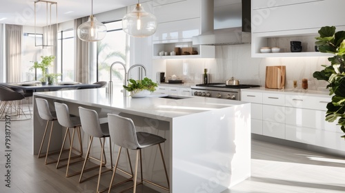 A modern kitchen with a stylish center island and surrounding chairs for dining or socializing