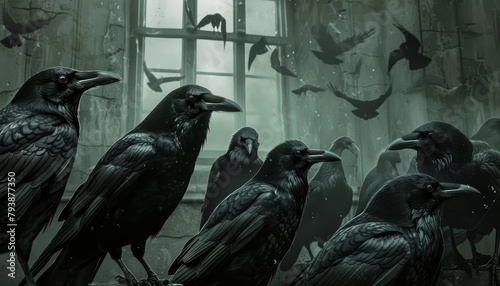 A flock of crows gathers outside a courtroom, cawing in unison and seemingly attempting to provide alibi information for a young man they befriended photo