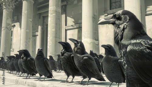 A flock of crows gathers outside a courtroom, cawing in unison and seemingly attempting to provide alibi information for a young man they befriended photo