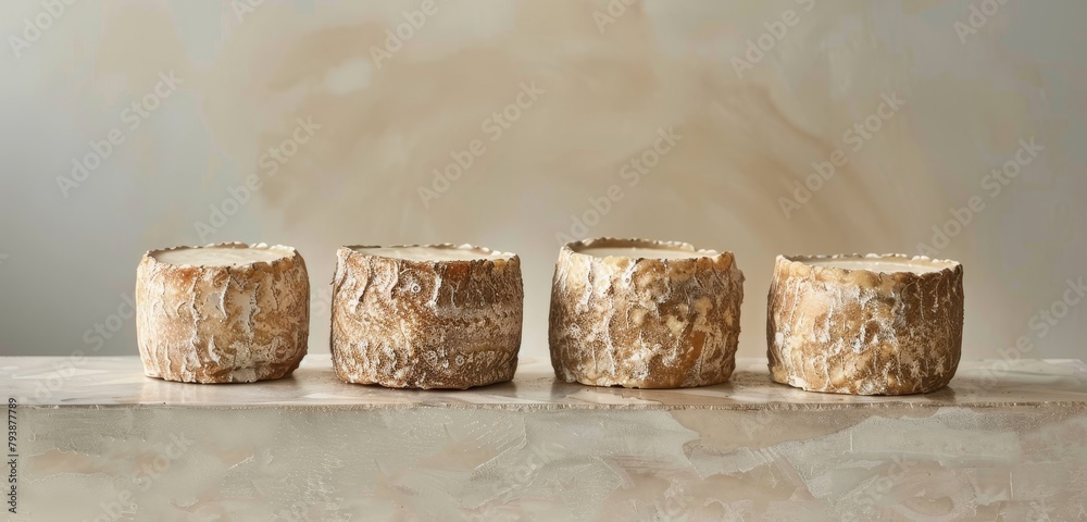 Four aged cheese wheels on a beige surface with soft lighting. Four aged cheese wheels on a beige surface with soft lighting.