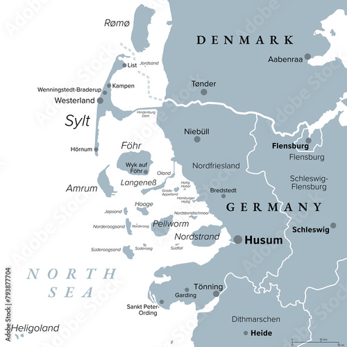 Nordfriesland, or North Frisia, gray political map. Northernmost district of Germany, part of Schleswig-Holstein, with capital Husum and five large islands Sylt, Foehr, Amrum, Pellworm and Nordstrand.