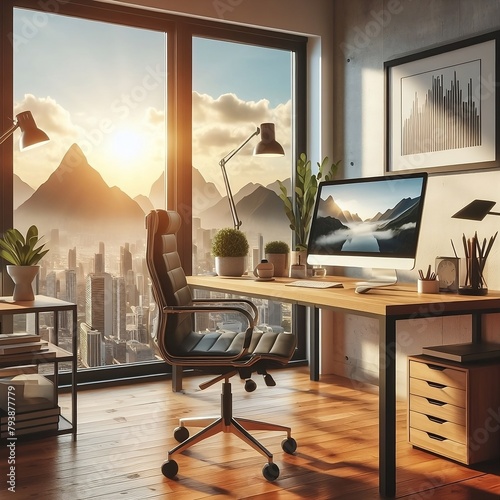 Interior of office at home setup with computer with desk and chair with a stunning view through the window - Generative AI  photo