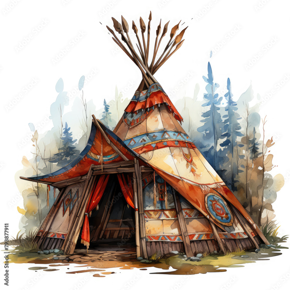 Obraz premium Watercolor Native American Tent Illustration, Generative Ai