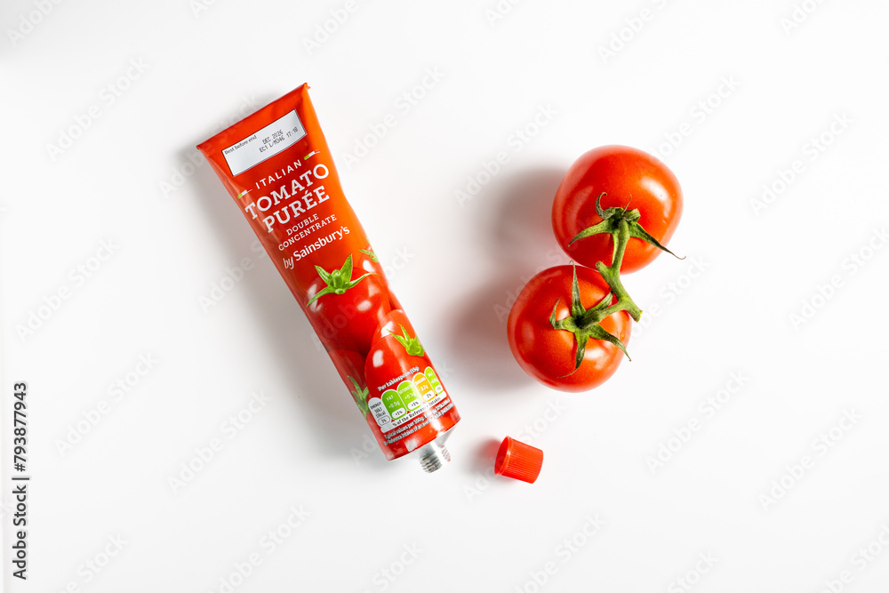 Sainsbury’s Branded Italian Tomato Puree in a tube on a white