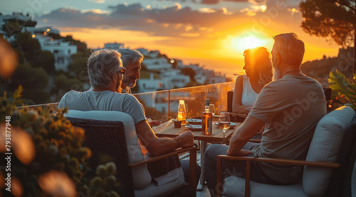 A group of 50 year old friends, dressed casual, enjoy an aperitif, drinking cocktail, during the golden hour from their city balcony at home. Generative AI. photo