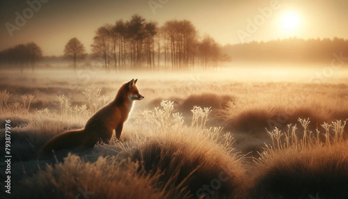 A fox quietly observing from the edge of a frost-covered field at dawn photo