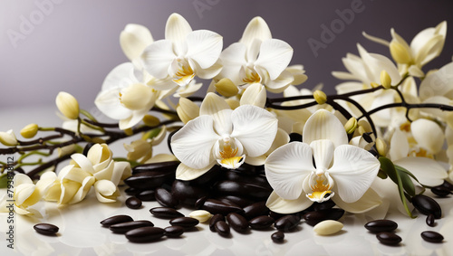 white orchid flowers laying on a pile of black and brown rocks
