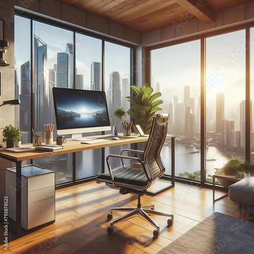 Interior of office at home setup with computer with desk and chair with a stunning view through the window - Generative AI