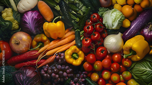 Bountiful harvest of vegetables aligned, vivid natural hues, wholesome plant-based goodness photo