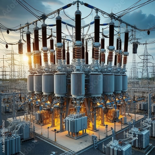 Substation with switchgear a transmission transformers for high voltage electric power - Generative AI