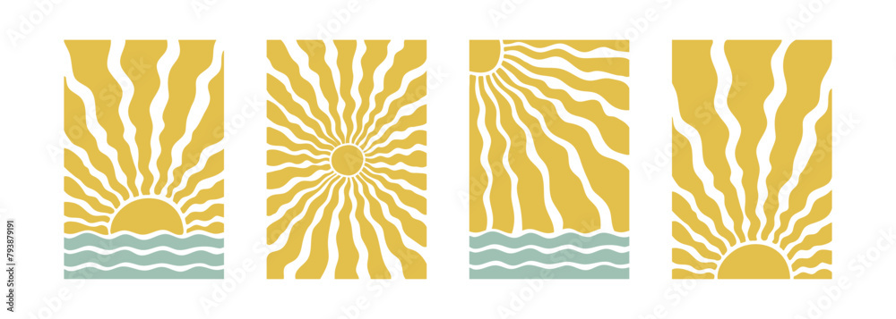 Obraz premium Boho groovy beach sun sea. Surf club vacation and sunny summer day aesthetic. Vector illustration background in trendy retro naive simple style. Pastel yellow blue braun colors.