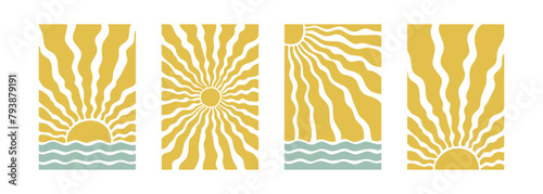 Boho groovy beach sun sea. Surf club vacation and sunny summer day aesthetic. Vector illustration background in trendy retro naive simple style. Pastel yellow blue braun colors.