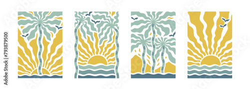 Boho groovy palm tree beach sun sea. Surf club vacation and sunny summer day aesthetic. Vector illustration background in trendy retro naive simple style. Pastel yellow blue braun colors. (ID: 793879500)