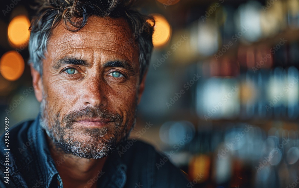 A man with a beard and glasses is looking at the camera. He has a blue eye and a mustache A man with a beard and glasses is looking at the camera. He has a blue eye and a mustache