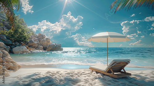 Fototapeta Naklejka Na Ścianę i Meble -  Beach, sun lounge and umbrella. Generative AI.