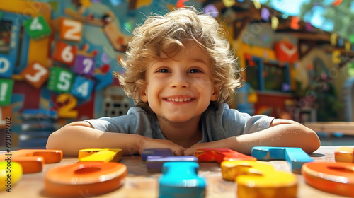 A smiling boy sits in front of a table with a set of digital learning blocks. Education and happy childhood concept