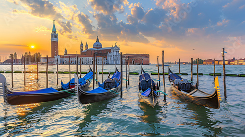 Gondolas on the Grand canal at sunset in Venice Italy. © Cedar