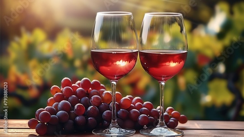 Two glasses of red wine stand next to each other on a wooden table, grapes lie on the table behind the glasses, beautiful nature blur in the background. Generative AI.