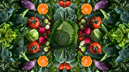 Crisp vegetables in kaleidoscopic display, nourishing nature's gifts composed, healthy culinary artistry photo
