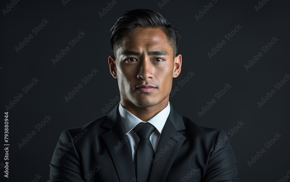 A man in a suit and tie is standing in front of a dark background. He is looking directly at the camera with a serious expression A man in a suit and tie is standing in front of a dark background. He is looking directly at the camera with a serious expression