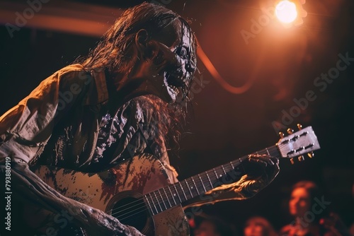 A zombie musician, his guitar strings groaning with every strum, played a surprisingly soulful ballad to a crowd of enthusiastic and slightly nervous fans photo