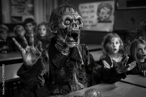 A zombie teacher, his droning voice oddly captivating, lectured a classroom of wideeyed children on the history of the apocalypse which he vaguely remembered photo