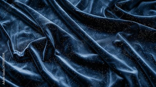 A close-up of a midnight blue velvet surface, with delicate folds and creases that create subtle shadows, giving the impression of a calm, starry night sky. 32k, full ultra hd, high resolution