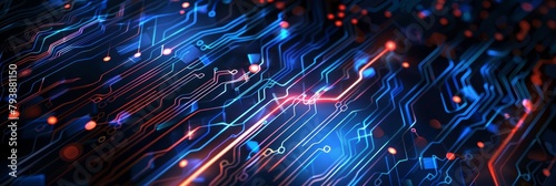 Abstract technology background with circuit patterns and glowing blue lines, ideal for digital innovation themes