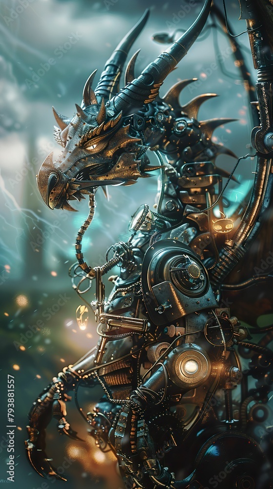 Mechanical dragon, fusion of magic and machinery, guarding a treasure trove of lost knowledge, in the midst of a thunderstorm, photography, Backlights, Lens Flare, Split screen view Mechanical dragon, fusion of magic and machinery, guarding a treasure trove of lost knowledge, in the midst of a thunderstorm, photography, Backlights, Lens Flare, Split screen view