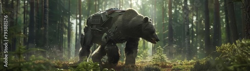 Bear equipped with a heavyduty cybernetic exoskeleton wandering through a forested area, part of a wildlife conservation tech program