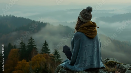 Meditation, comfy clothing, inner peace, deep breathing on a tranquil mountain top, misty morning, realistic, Rembrandt lighting, Depth of Field bokeh effect, Point-of-view shot photo