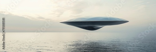 an surrealism simplicity abstract flying object, with ocean background. copy space for text