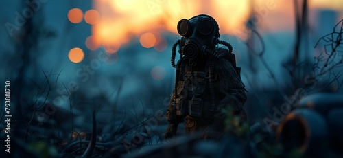 Mutant survivor, gas mask, radioactive wasteland, scavenging for resources, post-apocalyptic setting, 3D render, silhouette lighting, depth of field bokeh effect, Rack focus view photo