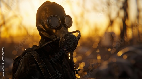 Mutant survivor, gas mask, radioactive wasteland, scavenging for resources, post-apocalyptic setting, 3D render, silhouette lighting, depth of field bokeh effect, Rack focus view
