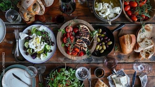 A rustic wooden table set with a Mediterranean feast of grilled vegetables, olives, feta cheese, and crusty bread, celebrating the flavors of the Mediterranean.