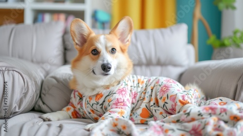Adorable Corgi Lounging in Floral Blanket at Home