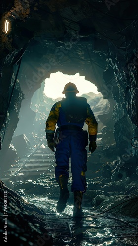 Resource Struggle, Miner, Blue and Yellow Uniform, Seeking Solace in the Dark Mines, Dreary Weather, 3D Render, Backlights, Vignette, Silhouette shot