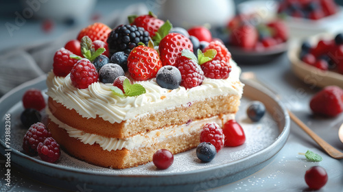 Vanilla cake decorated with cream and fresh berries in the shape of a heart. Generative AI.