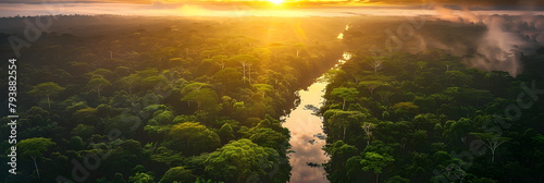 Amazon Aerial Symphony: A Mesmerizing Sunset Over the Vast Amazon Rainforest,