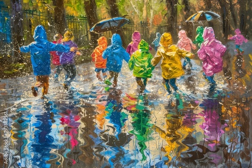 Children in colorful raincoats splash through puddles shimmering with reflected sunlight, chasing each other with laughter during a vibrant spring festival