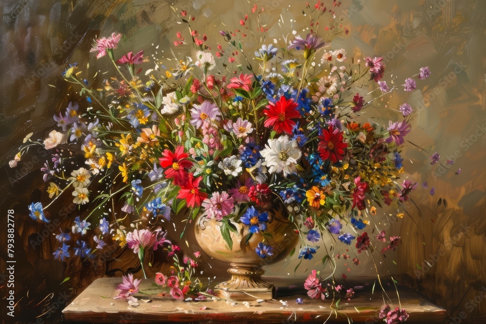 Classic still life oil painting of mixed wildflowers in a delicate vase, soft lighting enhancing the deep floral colors
