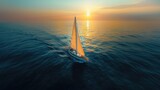 Aerial high view of solitary sailboat on the sea, brave and resolute. It sails alone in the vast ocean. Generative AI.
