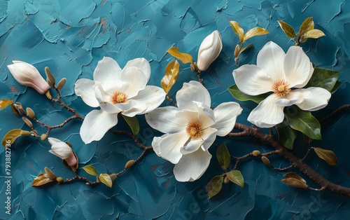 A painting of three white flowers on a blue background. The flowers are arranged in a way that they look like they are growing on a branch. The painting has a serene and calming mood