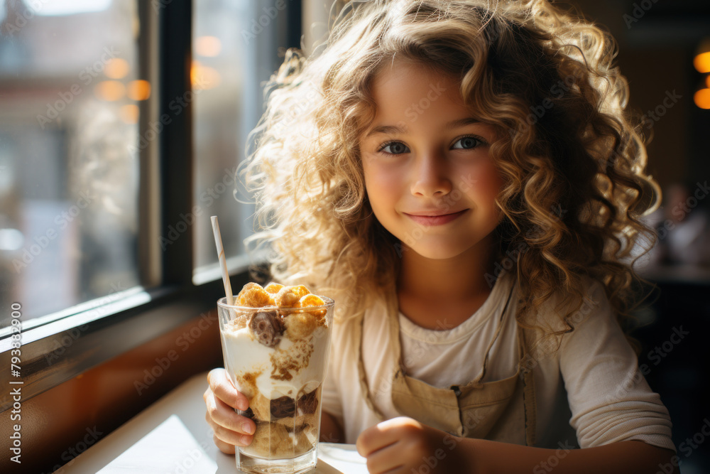 Little Caucasian girl eating ice cream in cafe Little Caucasian girl eating ice cream in cafe