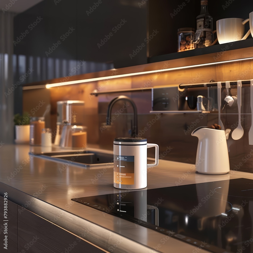 Coffee served in a digitally interactive mug that displays news and notifications, in a smart home kitchen environment