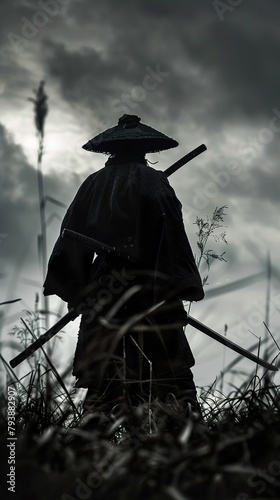 Samurai, Katana, Noble warrior, Standing victorious in a battlefield, Overcast, Realistic photography, Silhouette lighting, Over-the-shoulder shot