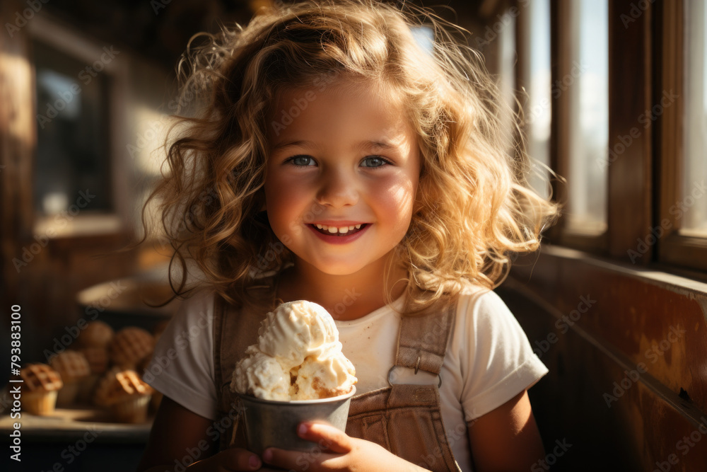 Little Caucasian girl eating ice cream in cafe